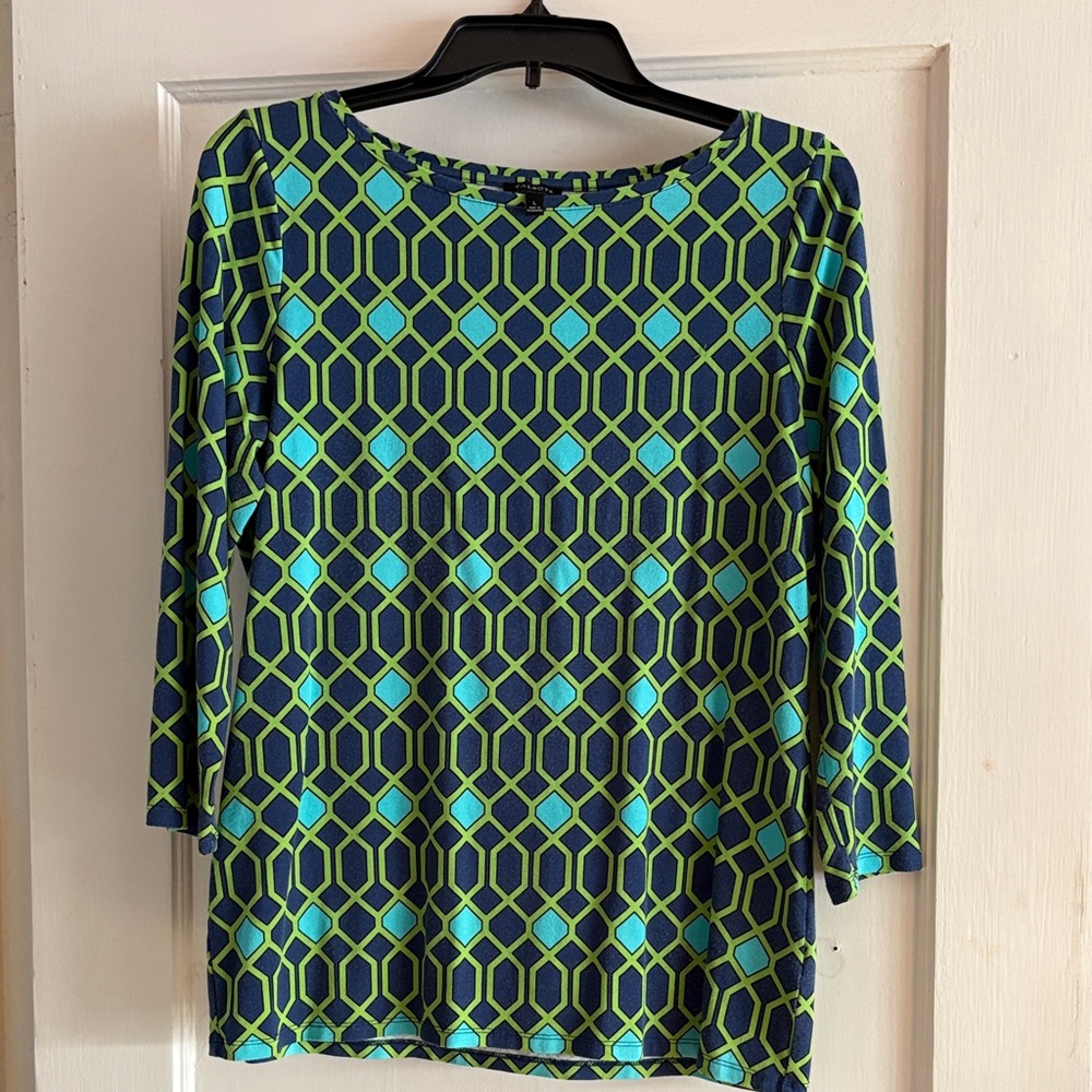 Talbots Blue and Green Geometric 3/4 Sleeve Top